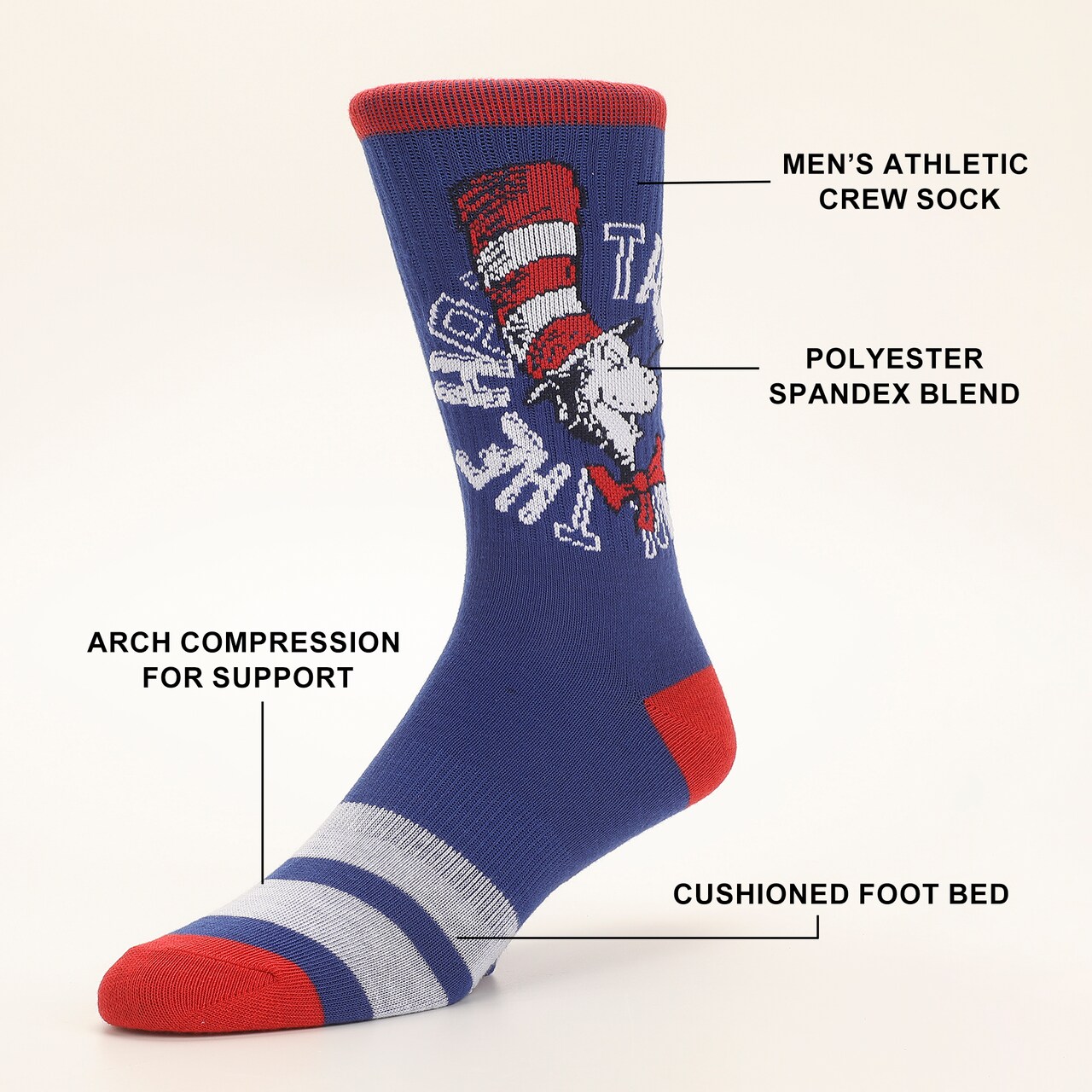 Dr Seuss Lorax, Oh The Places and Cat Mens Athletic Crew Socks 3 Pack